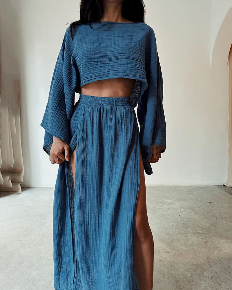 Casual Holiday Style Simple Solid Color Skirt Set Linen Blended Short Top High Waist Chic Split Cotton Linen Two-piece Set