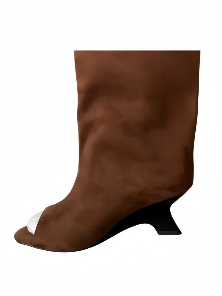 2025 European AndAmerican Nichedesign Versatileopen Toe Long Tube Cool Boots for Women, Crocodile Patterned Irregular High Heels