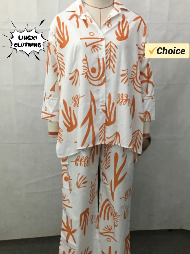 Summer Fashion New Printed Women's Set Printed Pattern Flip Collar Open Single Breasted Top Wide Leg Pants Elegant Two Piece Set