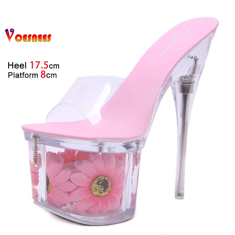 Crystal Transparent Shoes Women 17.5CM Super High Heels Plus Size Nightclub Sandals Clear Thin Heeled Fashion Female Slippers