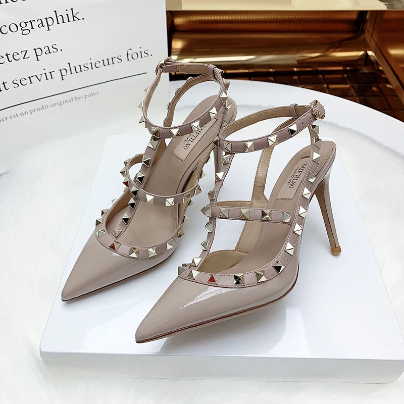 Nude Women's Gladiator sandals Summer 2025 Luxury With Ankle Strap Pointed Toe Fashion Rivet High Heels Party Ladies Shoes Women