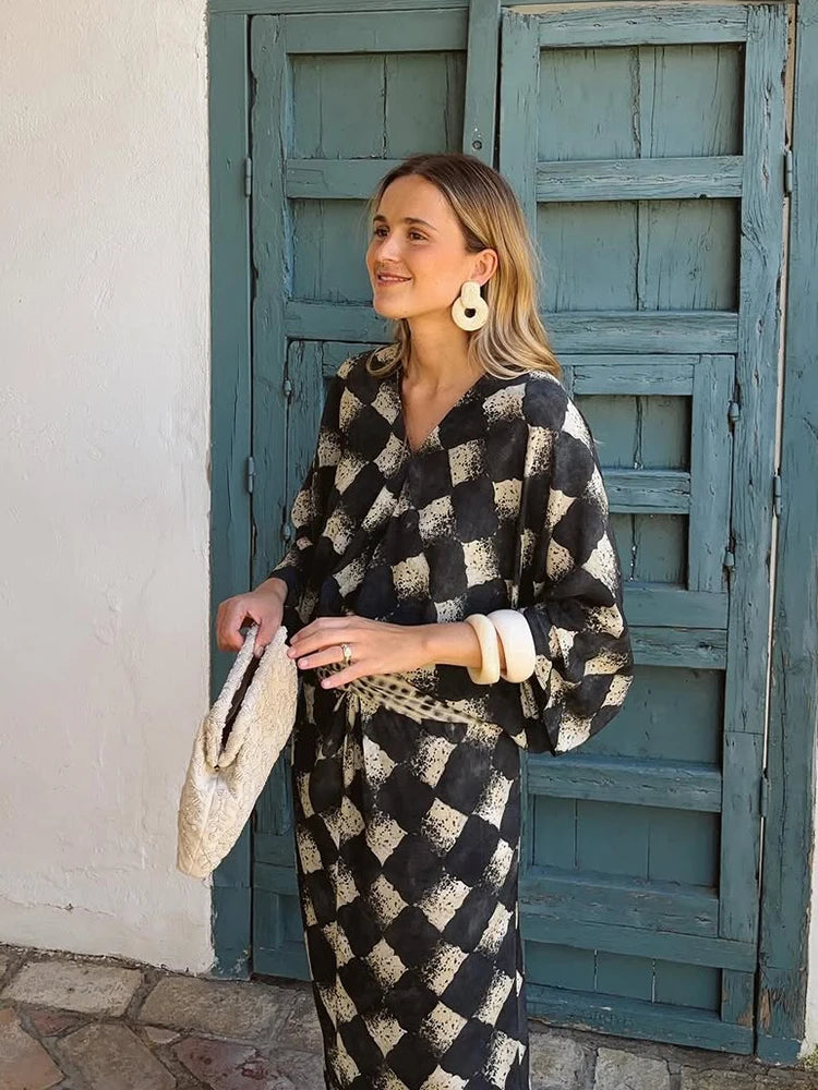 Elegant Plaid Printed Women's Dress V-neck Batwing Sleeve Waist Cinching Long Dress 2026 Spring Summer Casual Holiday Lady Robes