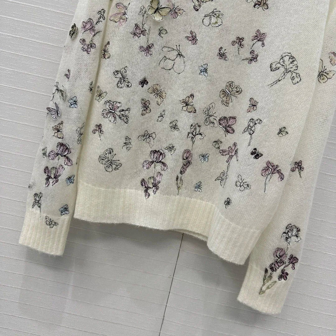 New Spring Fashion 3D Embroidery Butterfly Sweet Thin Sweater Women O-neck Long Sleeve Wool Silk Yarn Knitted Pullover