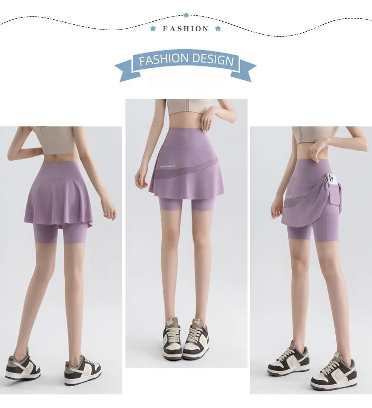 Fake Two Short Skirt Pants with Summer Pockets Crotch Half Skirt for Women High Waisted Oversized Quick Drying Sports Yoga Pants