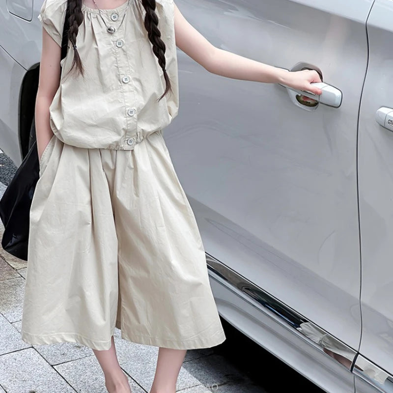 2025 Girls Summer Casual Outfit Big Kids Short Sleeve Top Capris Pants Two Piece Set Matching Big Kids Fashion Suit Holiday Wear