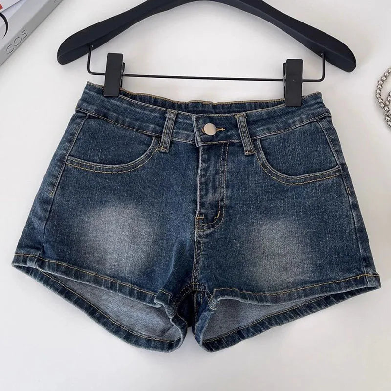 American Style Retro Blue Denim Shorts Women Summer Slim Fit Elastic Low-Waisted Jean Shorts Sexy Package Hip Tight Shorts Jeans