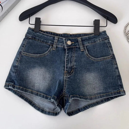 American Style Retro Blue Denim Shorts Women Summer Slim Fit Elastic Low-Waisted Jean Shorts Sexy Package Hip Tight Shorts Jeans