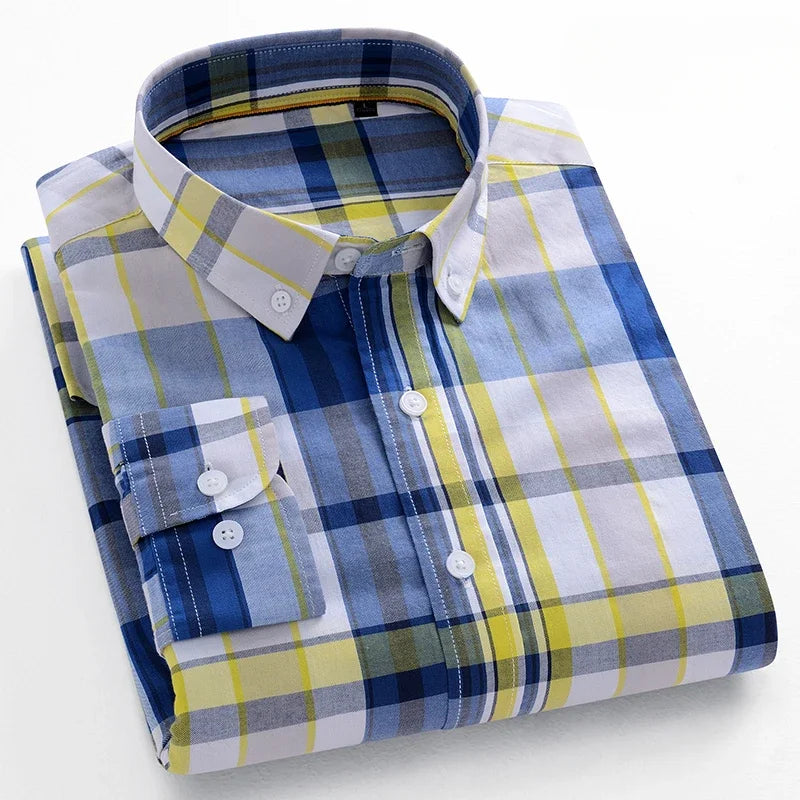 Fashion korean trends casual long-sleeve shirts for men slim fit plain shirt 100%cotton plaid striped tops soft designer clothes