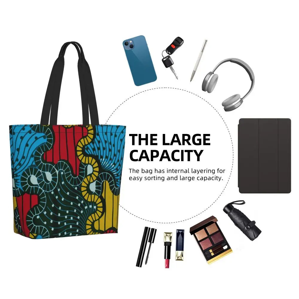 African Ankara Prints Grocery Shopping Tote Bags Women Geometric Ethnic Art Canvas Shoulder Shopper Bags Big Capacity Handbag