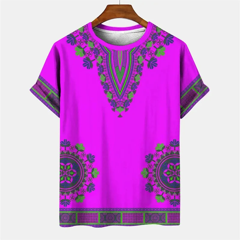 Summer Men's Vintage T-shirt African Tradition Stripe Printed T Shirts Casual O-Neck Short Sleeve Tees Street Fashion Loose Tops