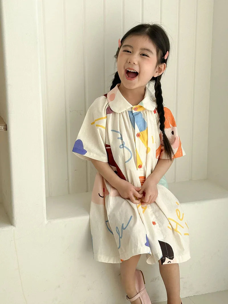 Loose Fit Summer Kids Clothes Set Girls Cute Graffiti Dress Boys Short Sleeved Shirt Children Thin Brother Sisters Outwear Suit
