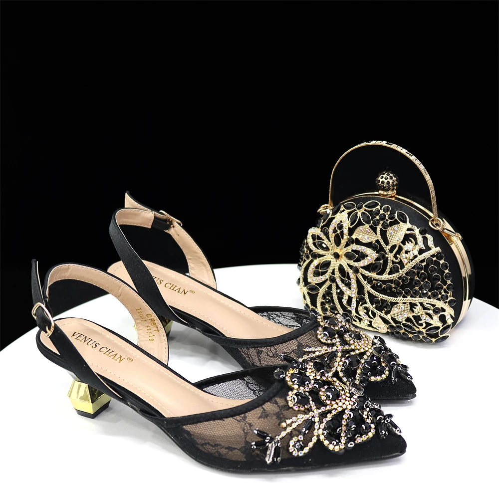 African Fachion Evening Shoes And Matching Bags Italian Design Ladies Diamond Bag High-Heeled Pointed Toe Women's Shoes