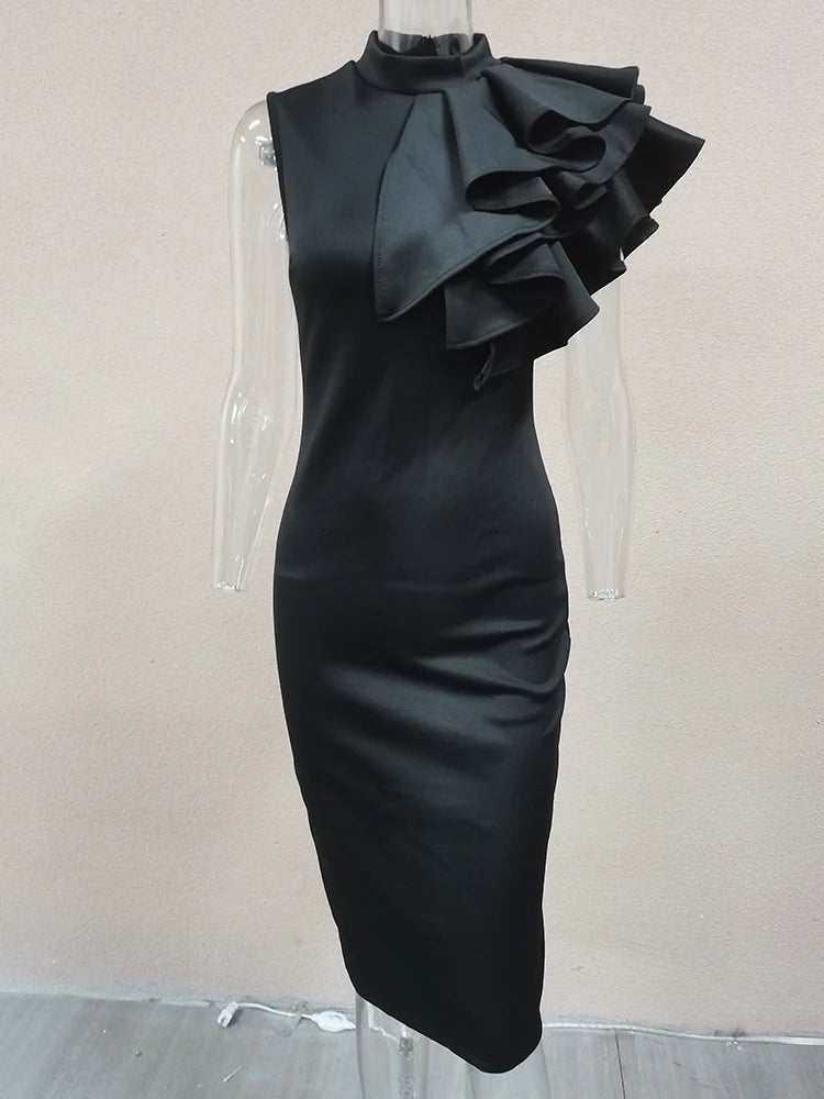Summer Fashion Bodycon One Shoulder Dress With Flower Ruffle Elegant Evening