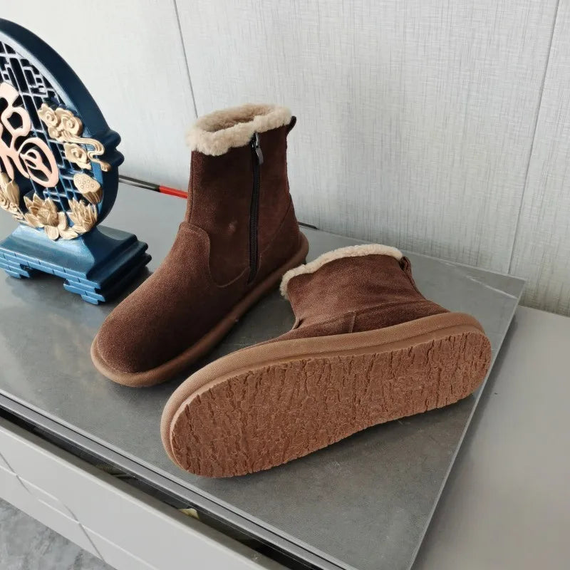 Careaymade-Genuine cow leather Snow cotton round head flats woolen short boots plush warm snow boots Oversized shoes size 35-43