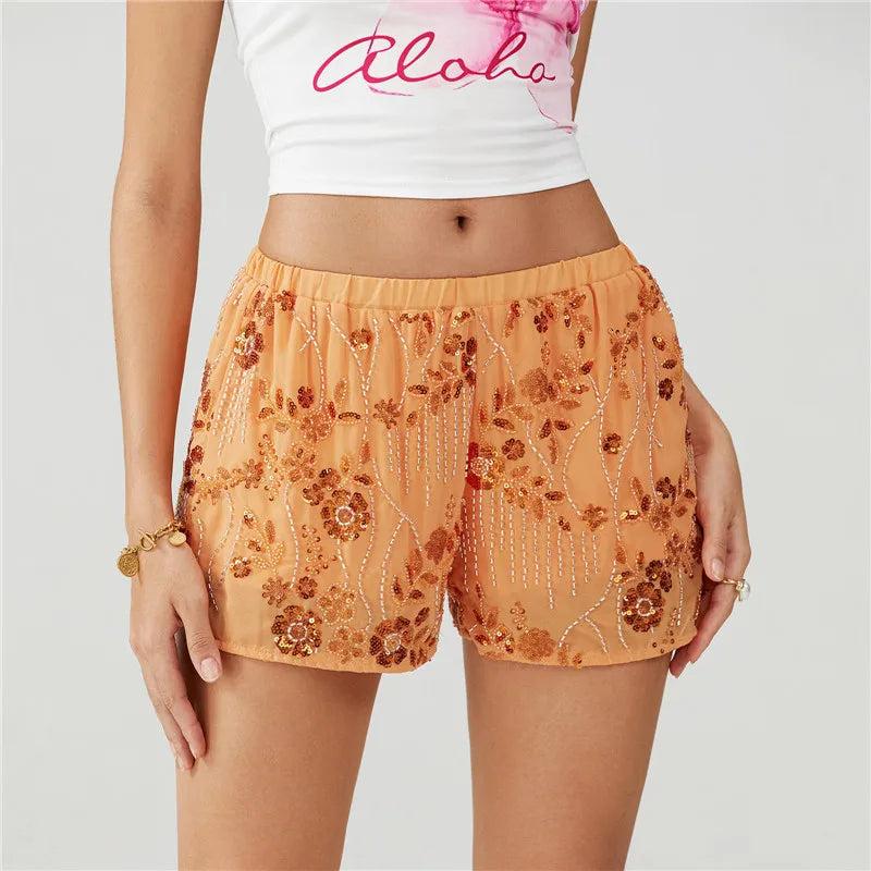 Hirigin Women Sequin Mini Shorts Y2K Low Rise Sparkle Floral Bead Embellished