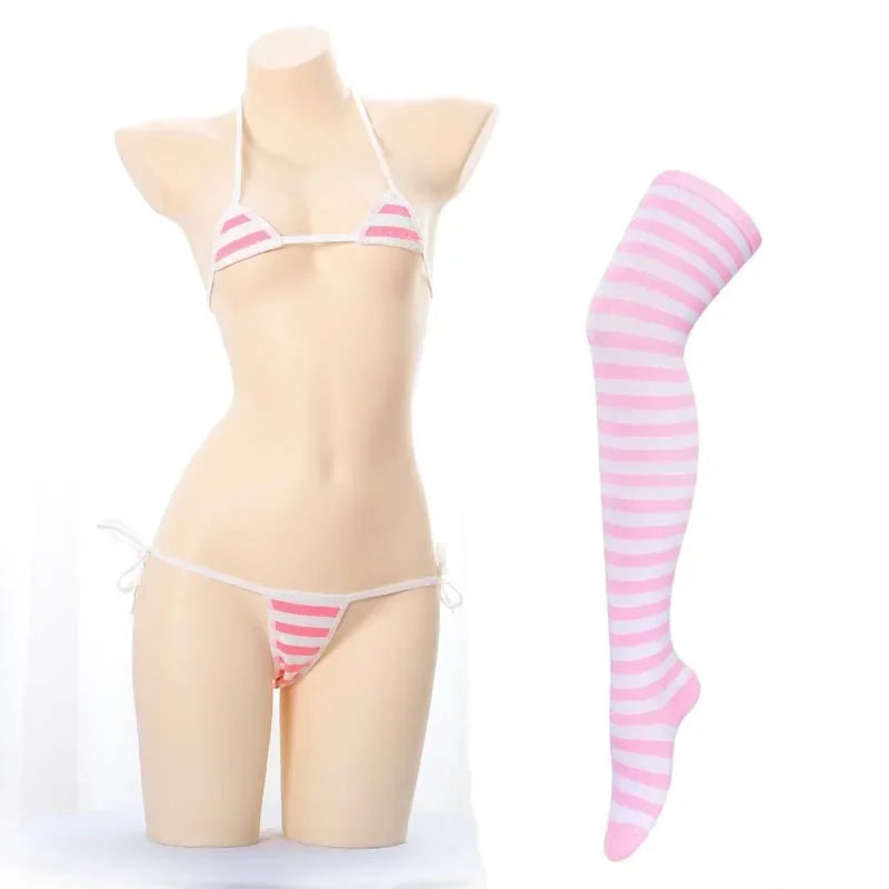Sexy Women Underwear Set  Striped Bikini Thigh High Stocking Swimsuit Erotic Costumes Cosplay Japanese Anime Bra Briefs