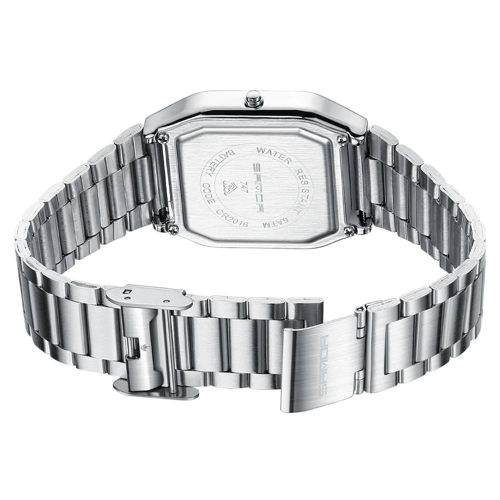 SANDA Men's and Women Watch Fashion Watches Business Style Alarm Clock Man Digital Wristwatch Square Dial Stainless Steel Strap