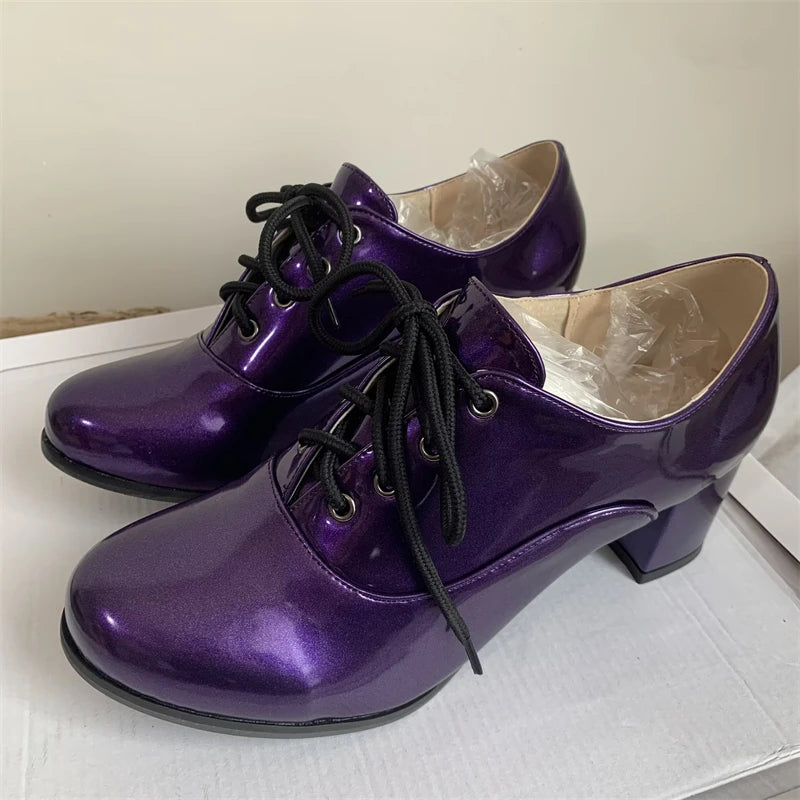 Women's Purple High Heels Loafer Shoes Fashion Lace-up Black White Block Heeled Party Wedding Office Shoes Female Big Size 45