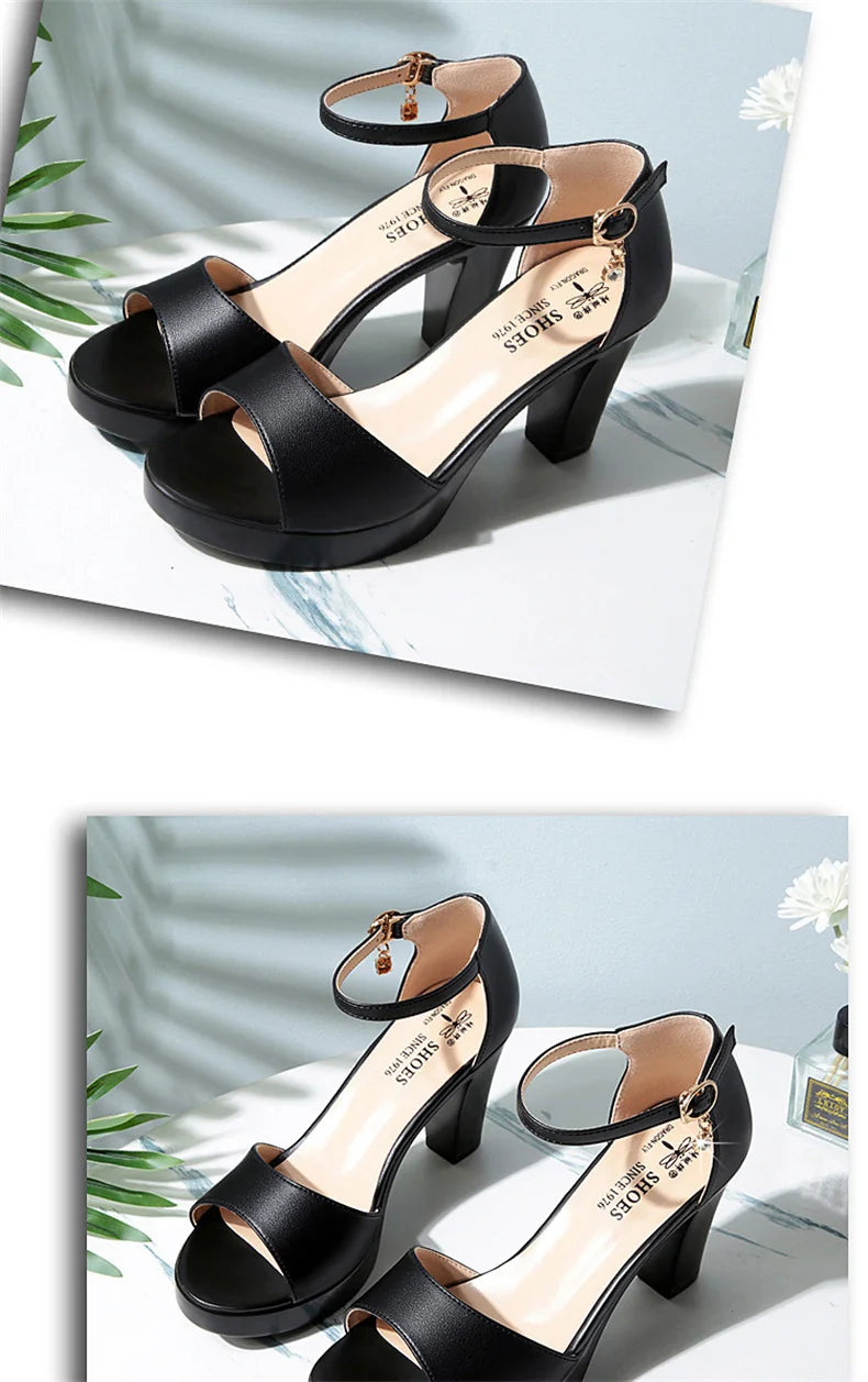 Summer Women Block Heels Fashion Breathable High Heels Sandals Classic Fish Mouth Buckle Versatile Waterproof Platform Sandals