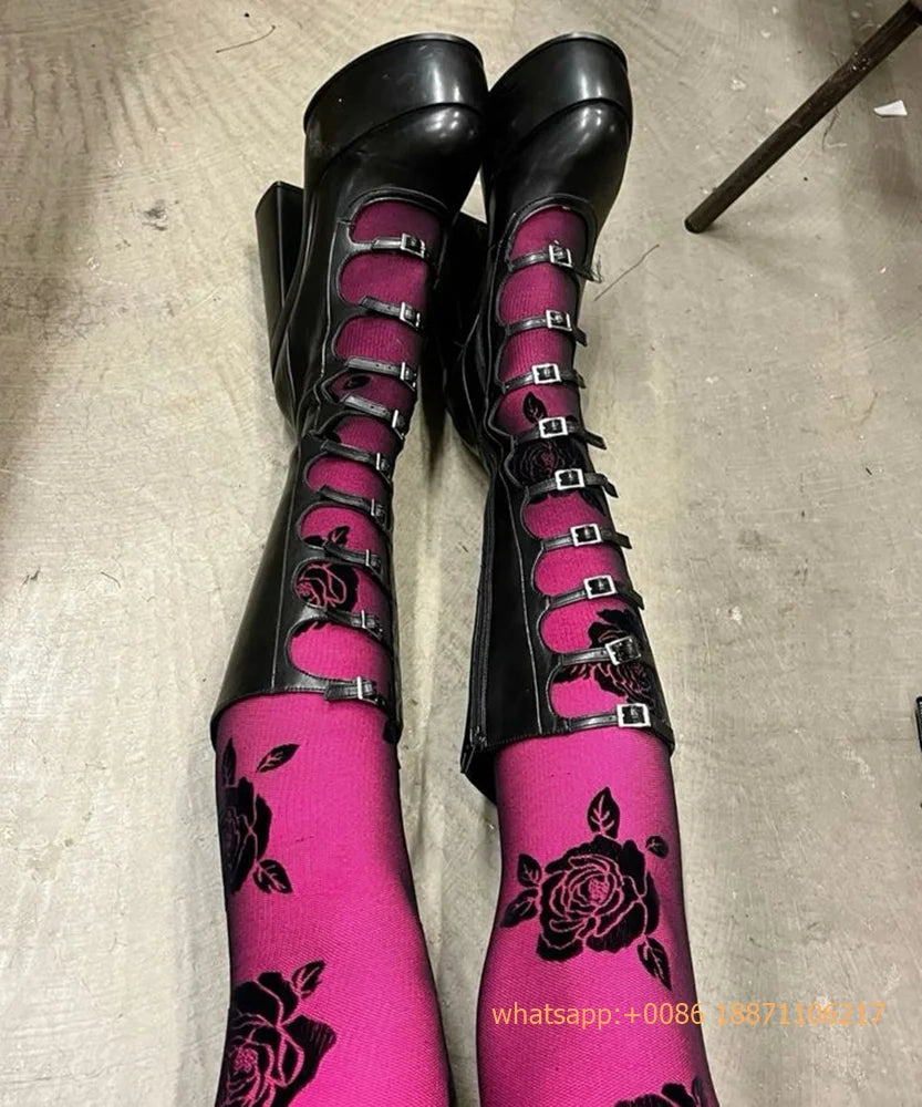 Patent Leather Belt Buckle Sexy Boots Platform Party Zip Summer Fashion Women Lolita Boot Hollow Street Punk Thick High Heels