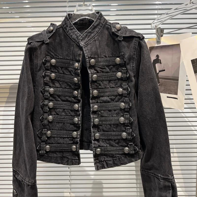 2026 Autumn New Fashion Metal Buckle Design Shoulder Strap Denim Short Jacket For Women High Street Coat Female