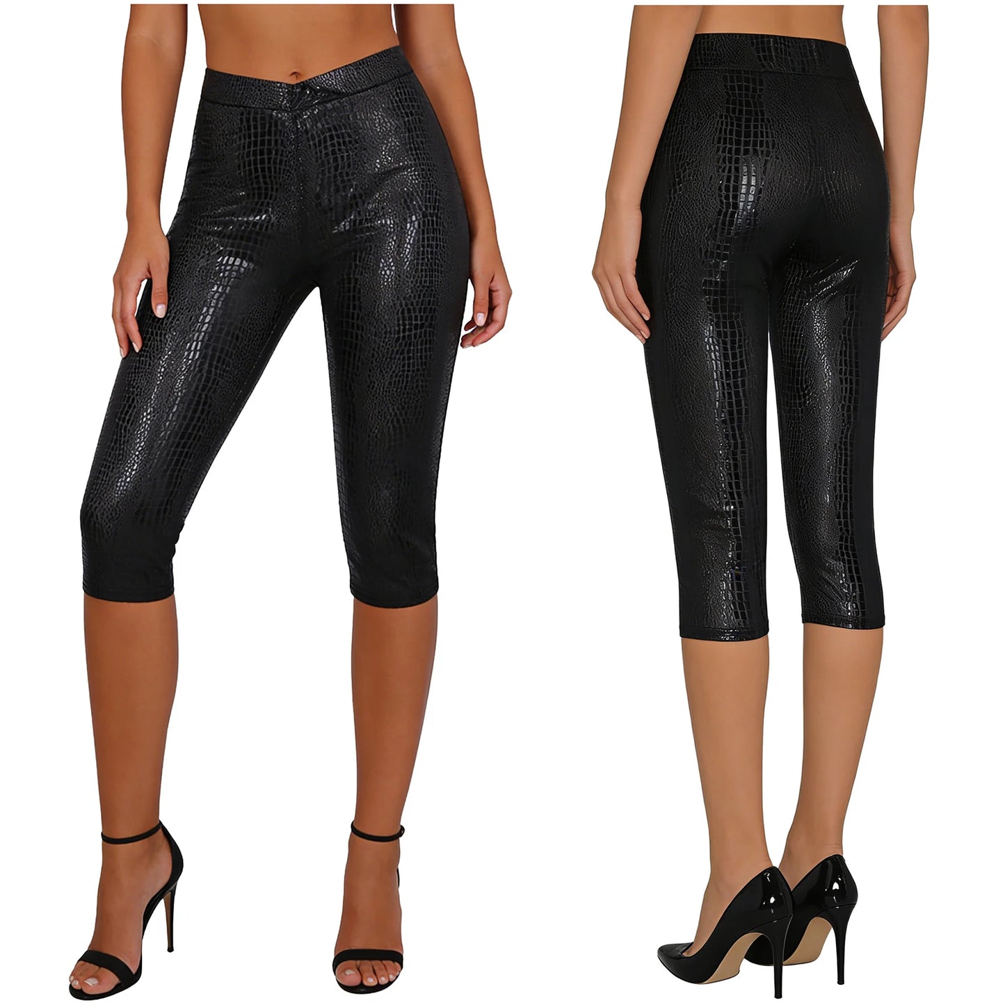 Womens Tights Skinny Pants Metallic Shiny Snake-skin Pattern Capri Pants V-shape Elastic Waistband Rave Party Nightclub Costume