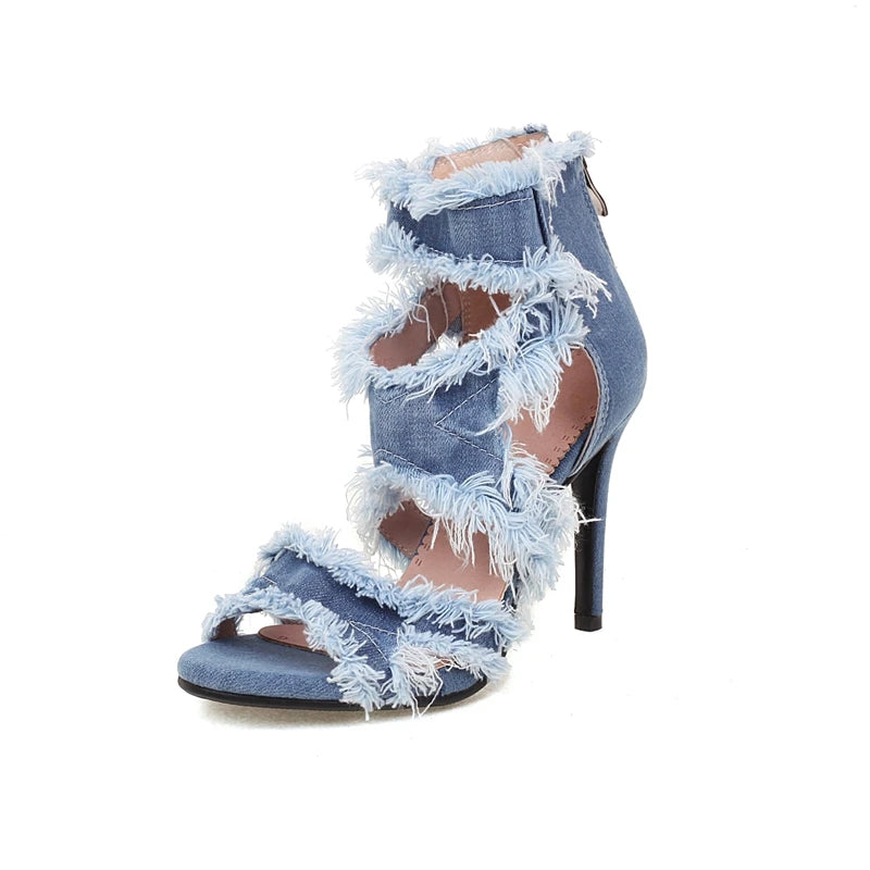 Women's New Summer Europe and America Open Toe Lace Edge Denim High Heel Large Bag Heel Zipper Roman Sandals 44 45 46