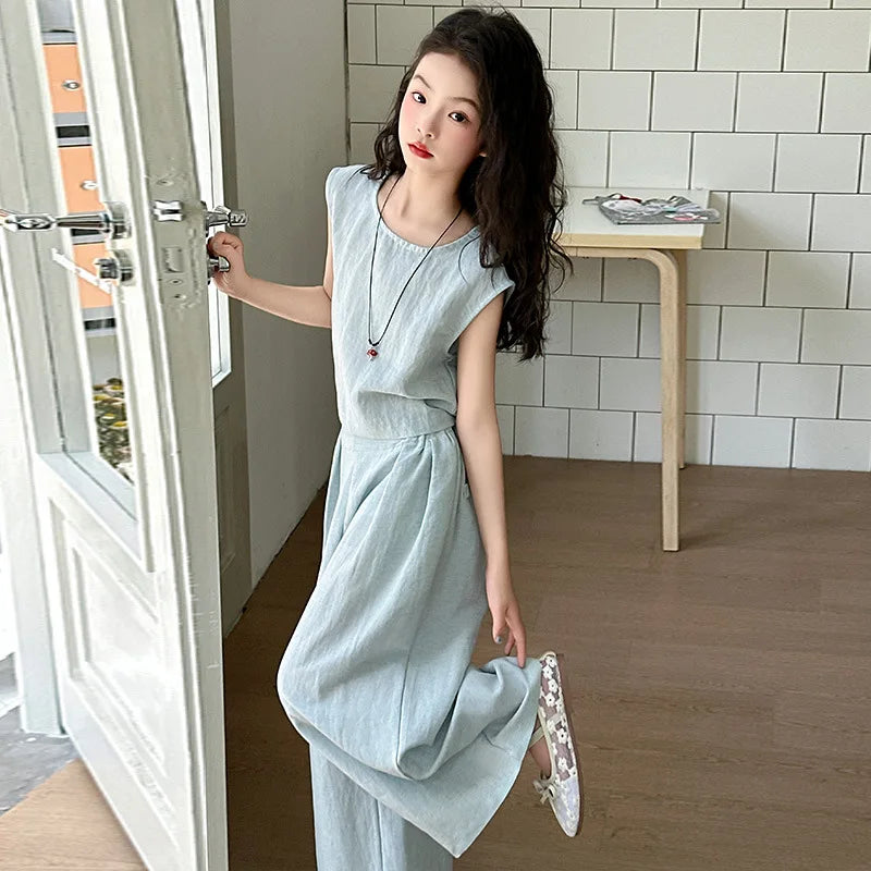 Vest Suit Solid Color Simple Casual Loose All-match 2025 Summer New Fashion Vest Wide Leg Pants Two Piece Set