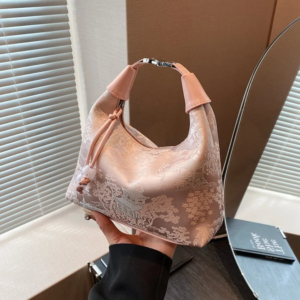 Fashion Embroidered Chinese Style Handbag Canvas Zipper Pea Purses Luxury Adjustable Cheongsam Bag Women
