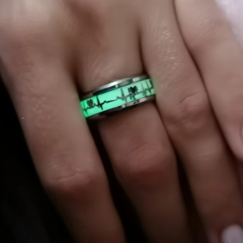 Fashion Love Heart Luminous Finger Ring ECG Stainless Steel Glowing In Dark Music Dragon Couple Rings for Boy Girls Wedding Gift