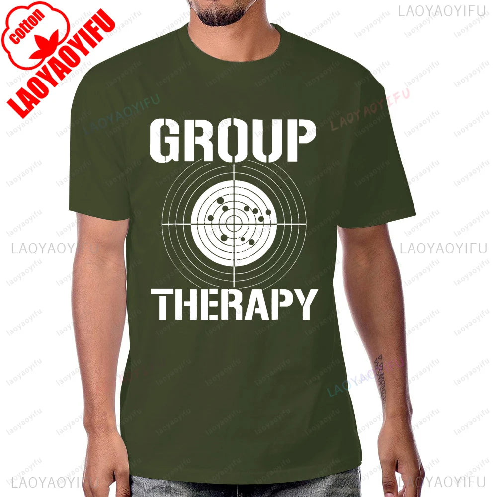Group Therapy Shooting  Funny Gun Graphic T-Shirt Casual Fashion Loose Harajuku Man Tshirt Hip Hop Summer Short Sleeve Women Tee