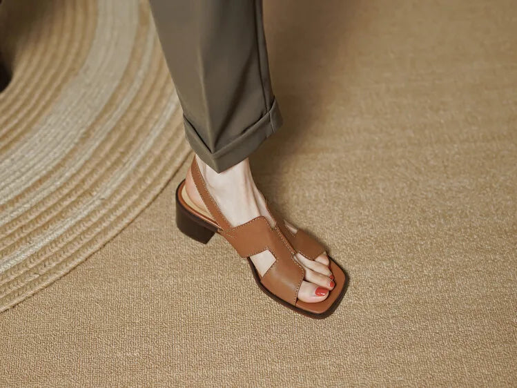 2025 Summer Women Shoes Square Toe Chunky Heel Women Sandals High Heels Ladies Shoes Casual Leather Shoes Women Genuine Leather