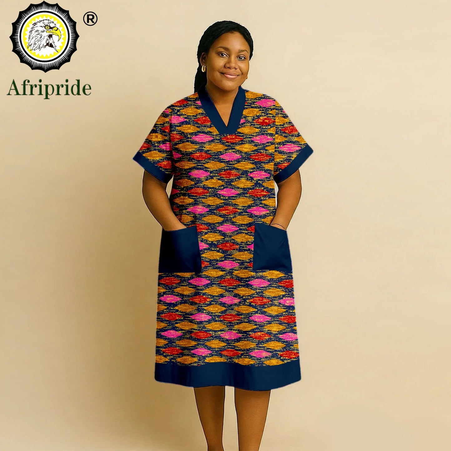 African Dresses for Women Short Sleeve V-Neck High Waist Pocket Elegant Fashion Ankara Attire Floral Printed Dresses 2625032