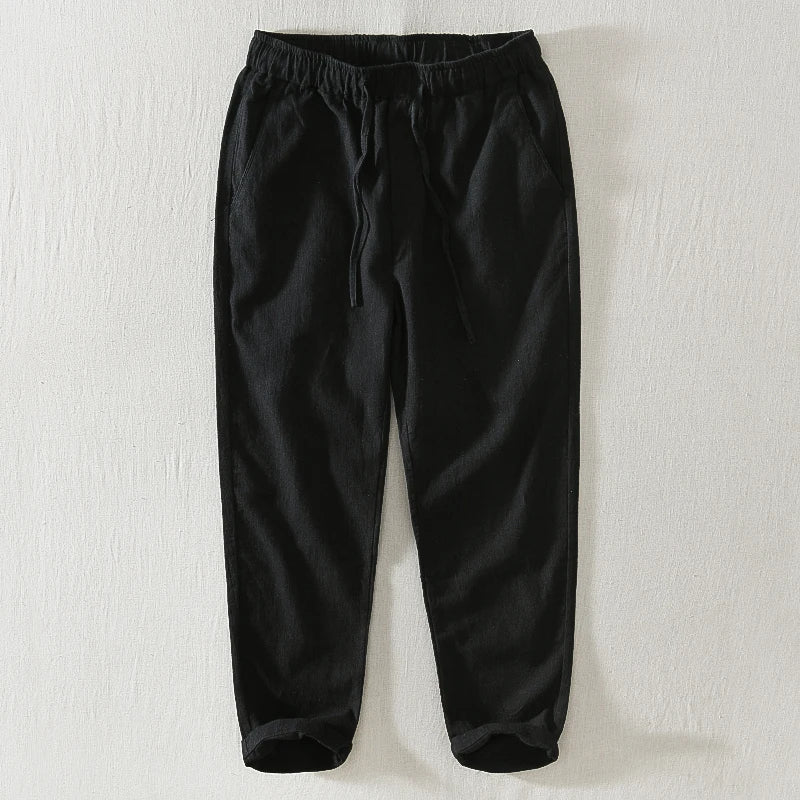 Summer Thin Cotton Linen Straight Leg Casual Pants Men's Loose Fit Drawstring Elastic Waist Nine Point Pants Breathable Youth...