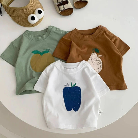 Fashion Baby Fruit Printed Short Sleeve Top Kids Girls Casual Cotton T-shirt Korean Boys' Round Neck Versatile Clothes