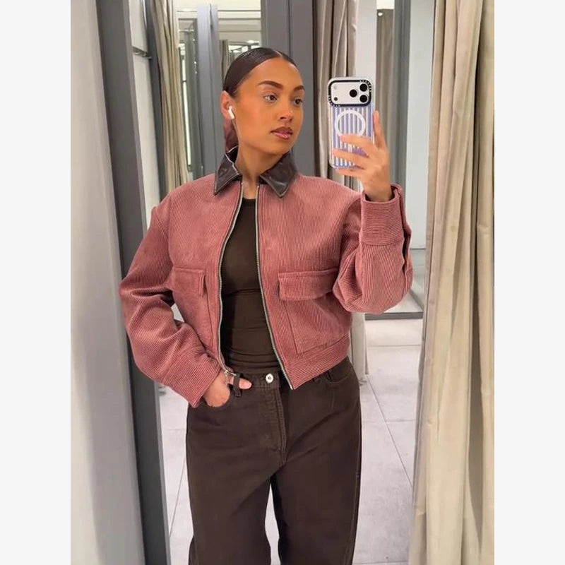 Women Pu Leather Collar Pink Cropped Jacket Corduroy Fashion Long Sleeve Zipper Coat 2026 New Lady Spring Chic Street Outwear