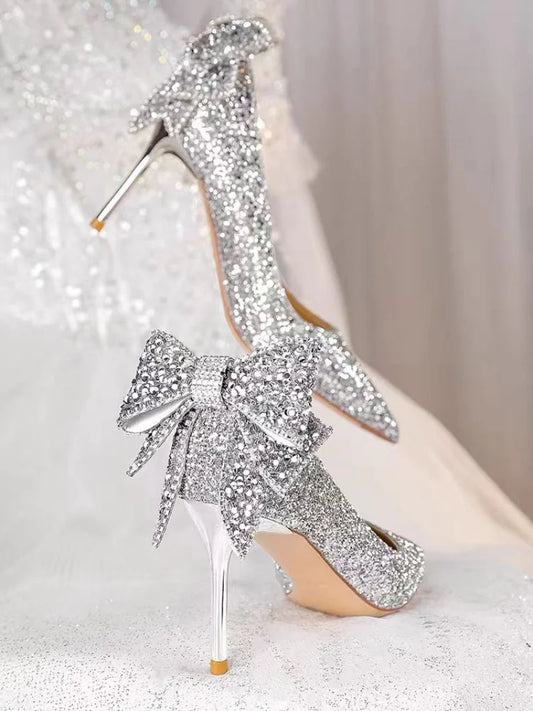 Shoes for Woman 2025 Stilito Silver Women's Summer Footwear Wedding Bride Shoe Rhinestone Pointed Toe Super High Heel Diamond 39