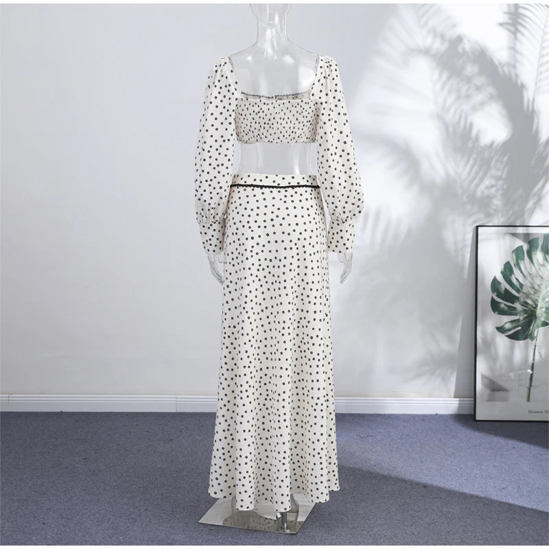 Elegant Female 2 Piece Skirt Set Polka Dots Printed Suit Cropped Short Sleeves Square Neck Top Slit High Waist Skirt Vintage Set