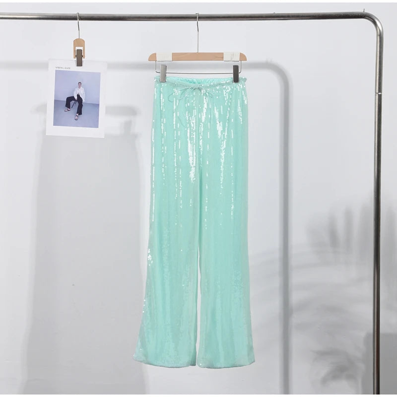 Women Sequin Pants Cinched Waist Glitter Baggy Straight Long Trousers