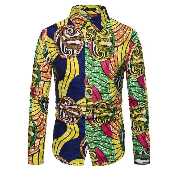 African Traditional Print Men's Shirts Casual Single-Breasted Blouses Long Sleeve Shirt Streetwear Trend Lapel Tops Men Clothing