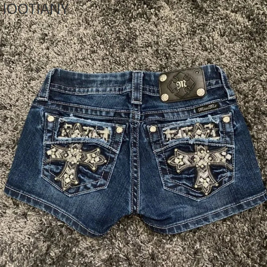 Mini Shorts Womens Harajuku Vintage Cross Graphic Pockets Embroidery Low Waist Shorts Gothic Sexy Hot Girl Hip Denim Shorts 2026