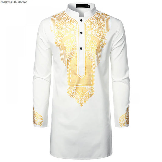 Men's Traditional African Shirt Print Golden Flowers Long Sleeve Shirt Ethnic Casual Outfits Wedding African Streetwear