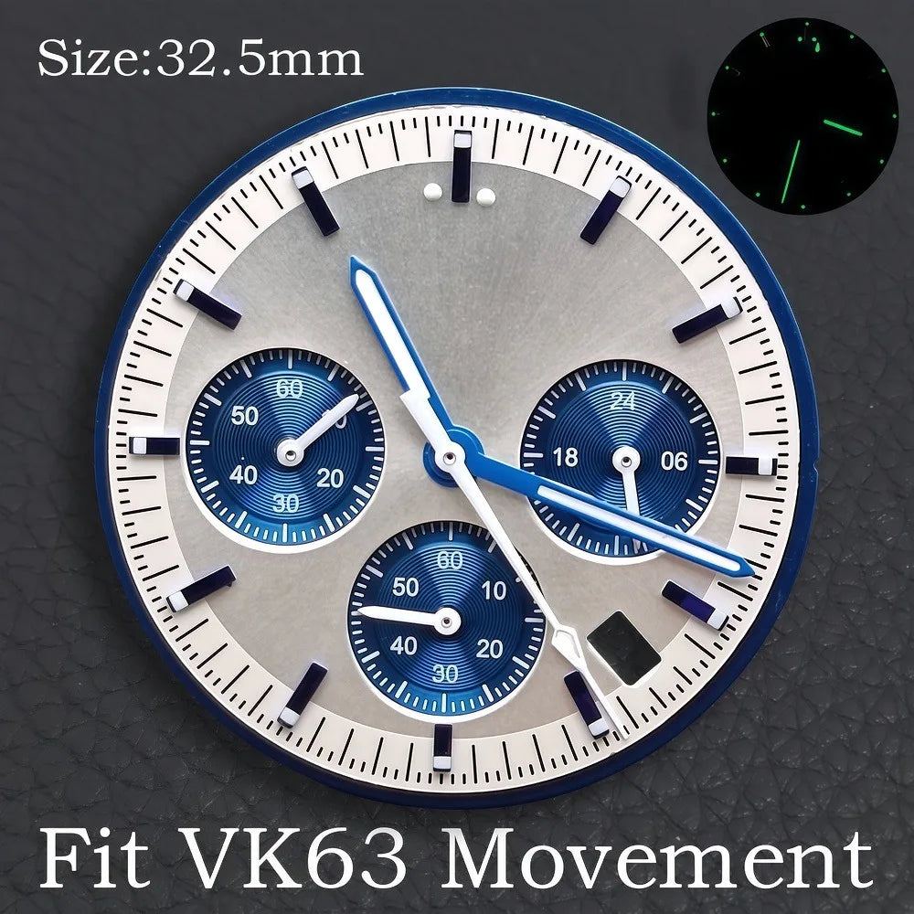 32.5MM Dial Fit VK63 Movement Green Luminous Dial Hands Men's Watches Part VK63 Watch Accessories Maintenance Tools