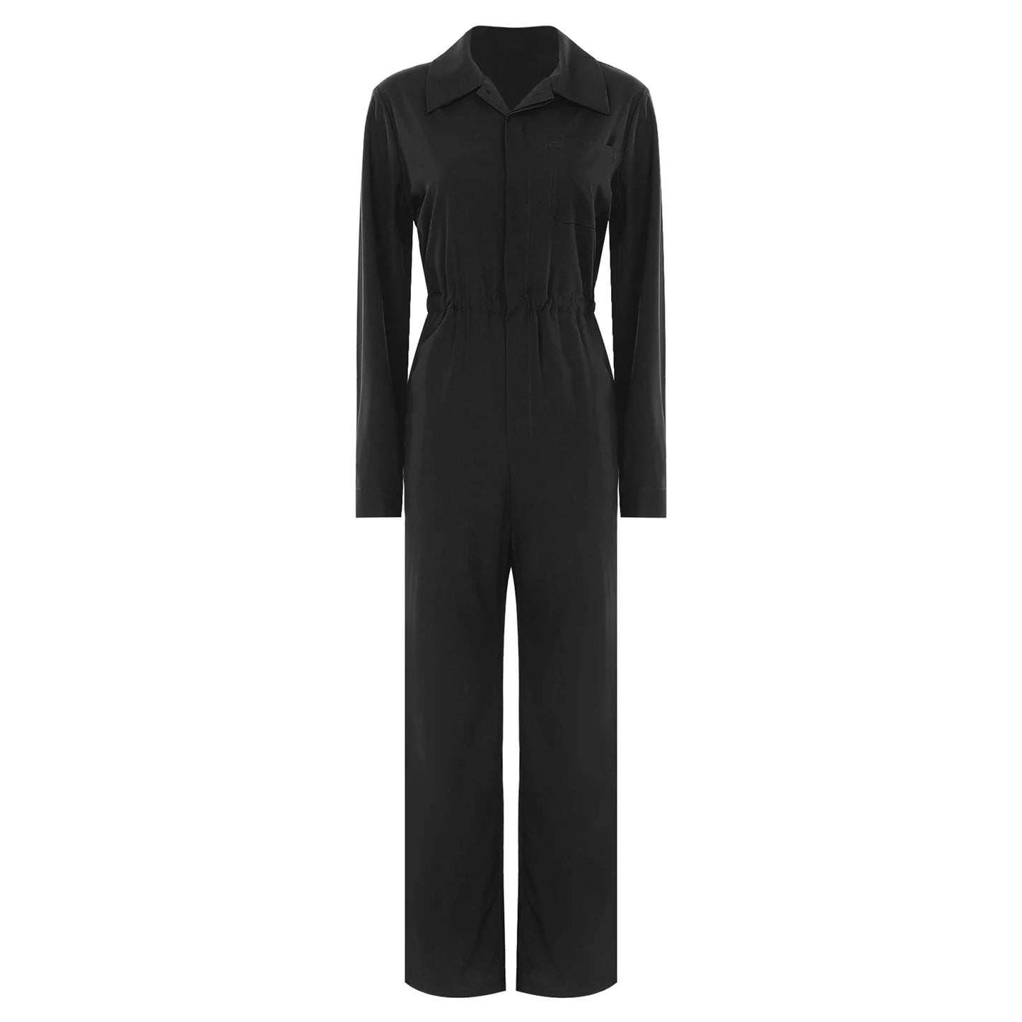 Womens Coverall Solid Color Turn-Down Collar Long Sleeve Button Jumpsuit Mechanic Work Overalls Fashion Casual Cargo Rompers