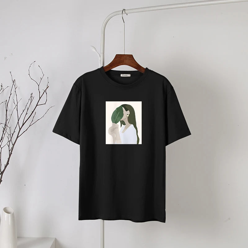 Hirsionsan Harajuku Printed T Shirt Women 2023 Summer Chic Tees 100% Cotton Elegant Graphic Clothes Loose Casual Pullover Tops
