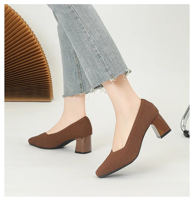Shoes Woman High Heels Comfortable Square Knitted Breathable Comfortable Women's Flats Shoes (5cm High) 2025 New Collection