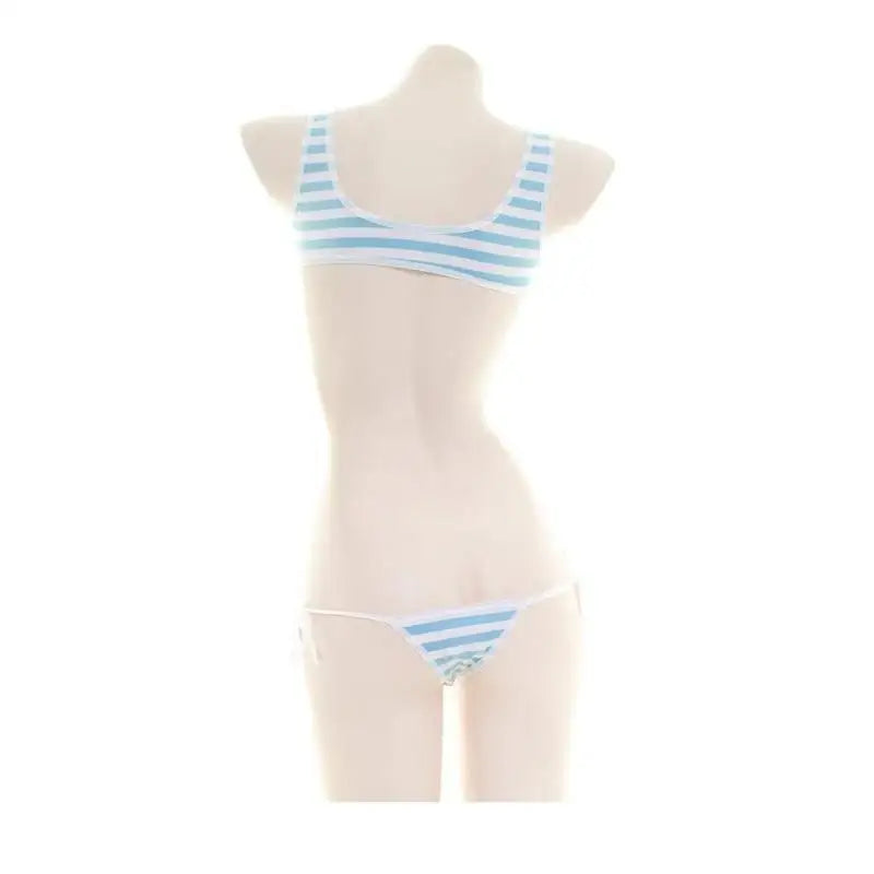 Sexy Japanese Style  Blue White Stripe Bikini Swimsuit Striped Halter Micro Bikini Set Love Female StudenLolita Kawaii Swimsuit