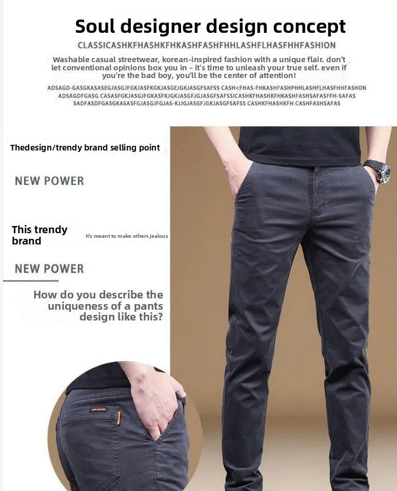 2025 Summer Thin Cotton Men's Casual Pants Trendy Versatile Elastic Light Business Trousers Work Formal Slim Straight Pants