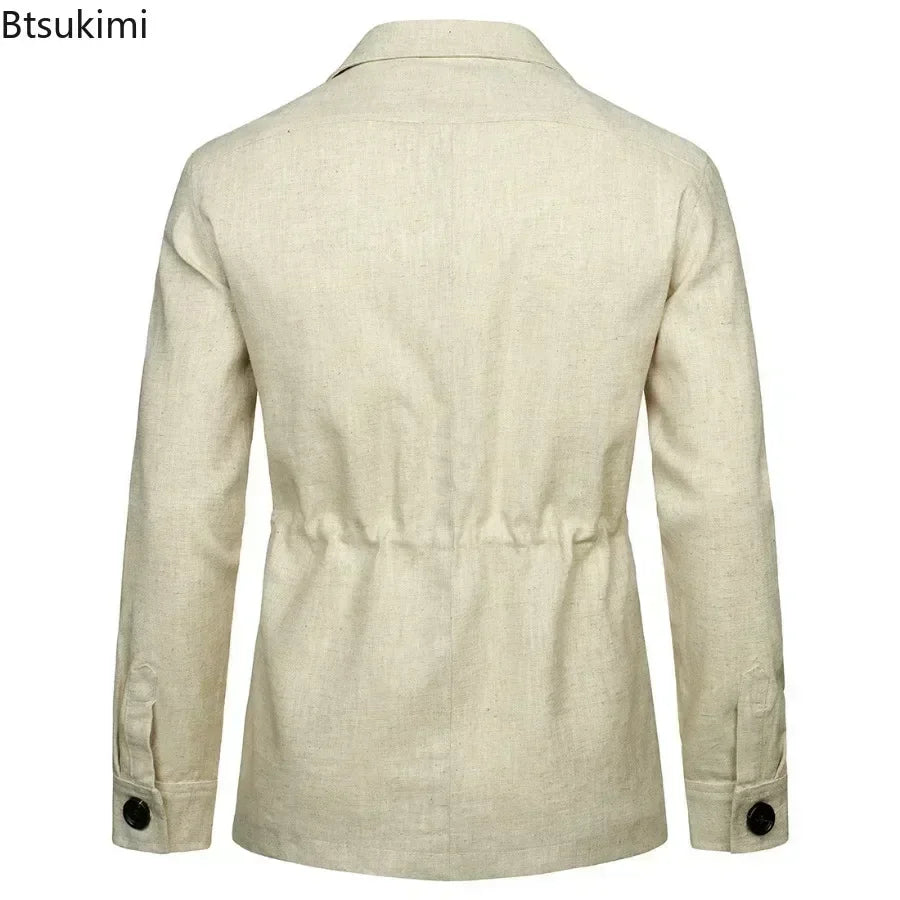 2026 British Style Men's Linen Safari Jackets Fashion Vintage Multi Pockets Cargo Jacket Streetwear Gentry Casual Outerwear Male