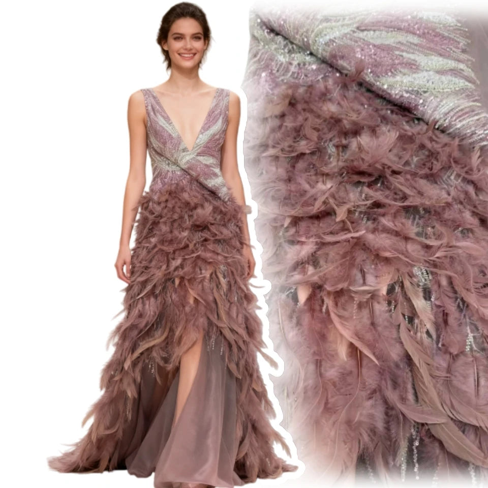 Haute Luxury Handmade 3D Feather Applique Design Fashion African Beaded Net Lace French Fabric Net Lace Evening Dress CC1809